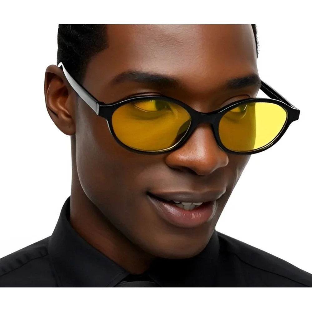 Black Oval Sunglasses Yellow Tint Lens Men‎ Fashion Eyewear Small Trendy Lentes